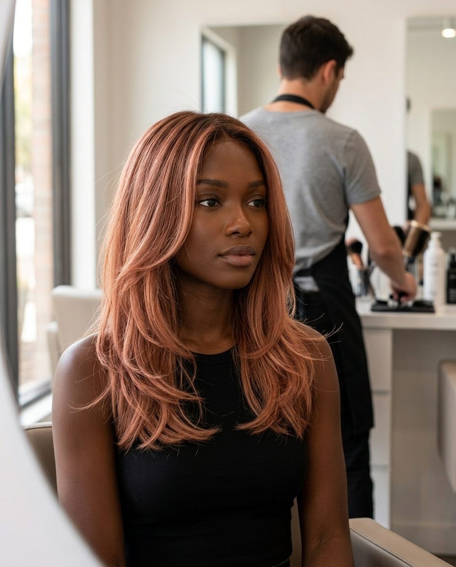 long soft layered muted copper-rose gold balayage with peach fuzz, diffused ribbon technique — romantic summer brunch look