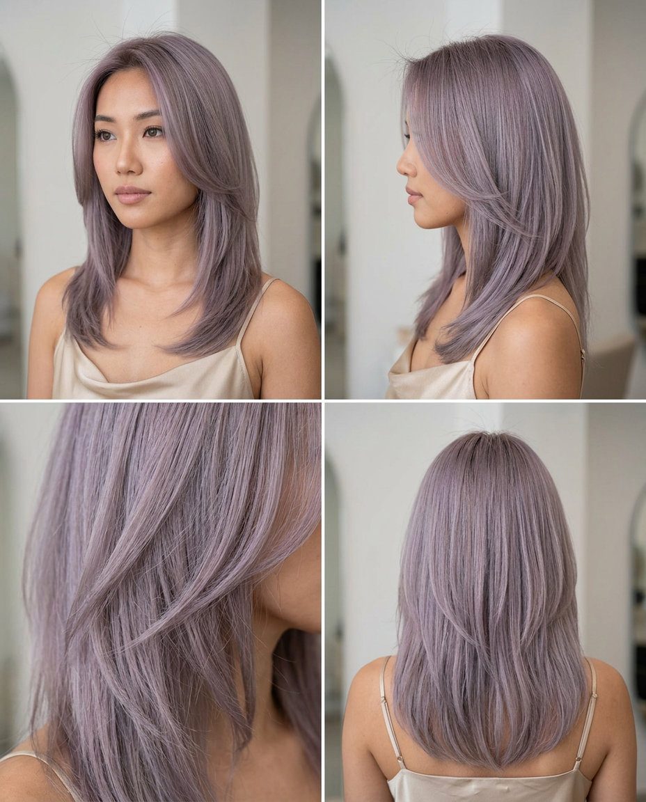 medium butterfly haircut in muted lilac with grey undertones, ghost layers, no fringe — soft ethereal style