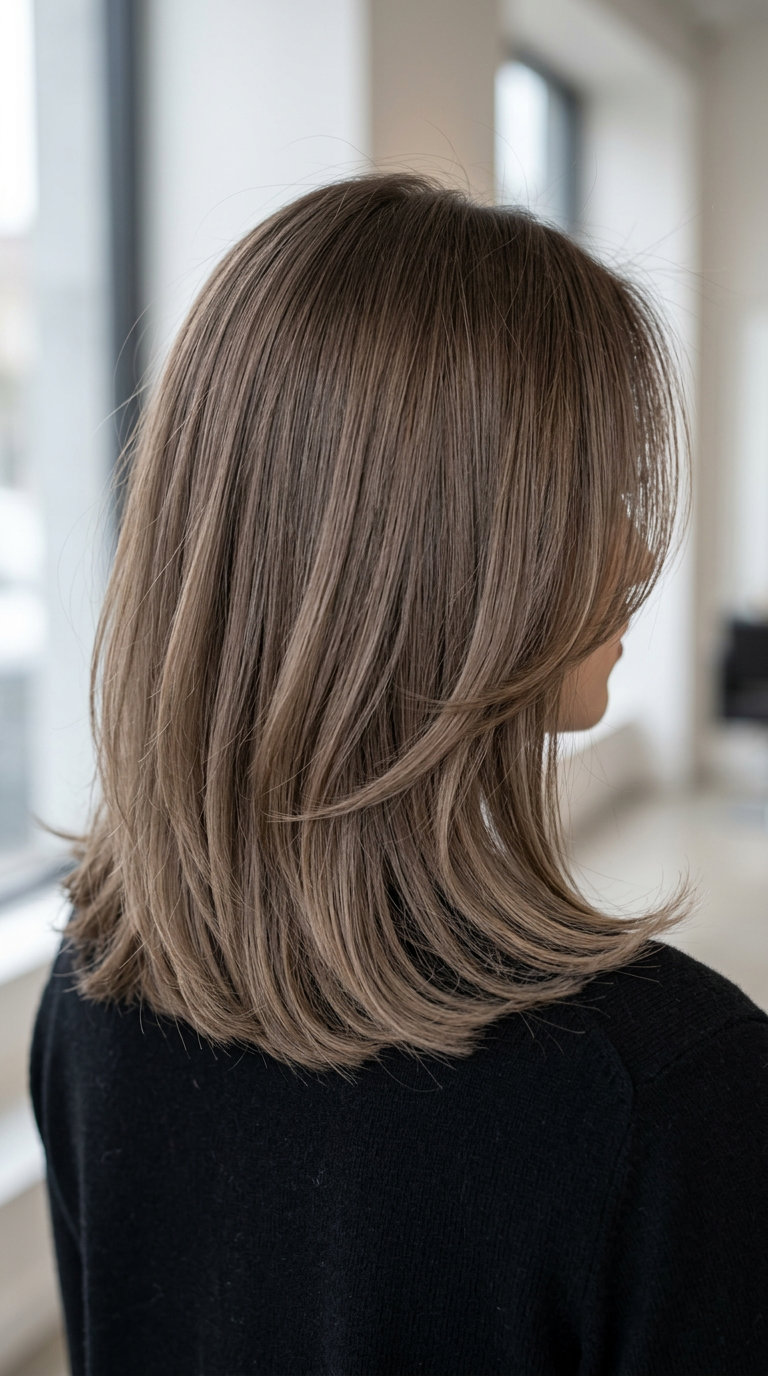 shoulder-length muted mocha lob with ash brown balayage and face-framing pieces for professional events