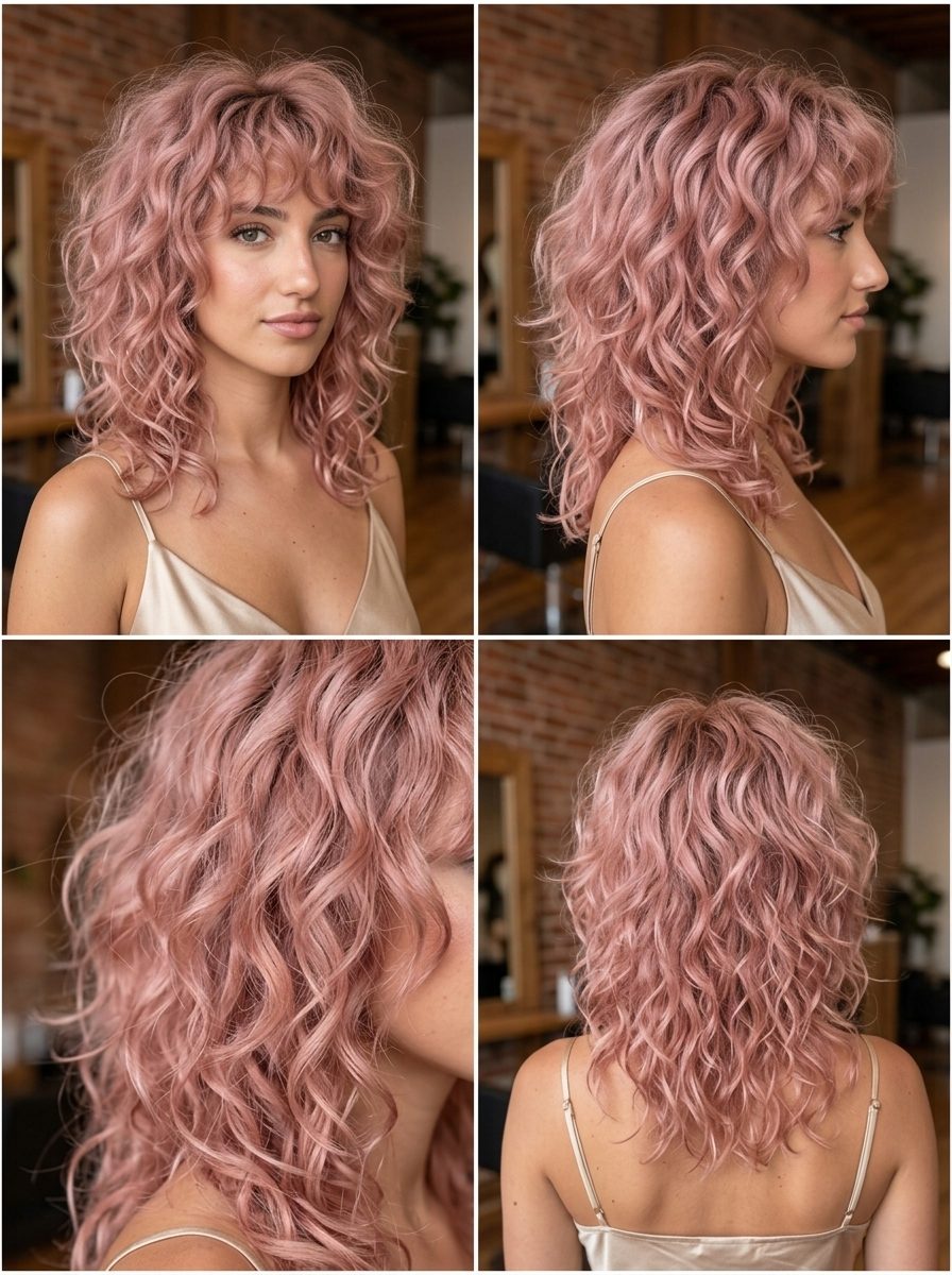medium-length curly wolf cut in muted pastel pink, rose gold tones, curly bangs — dreamy playful
