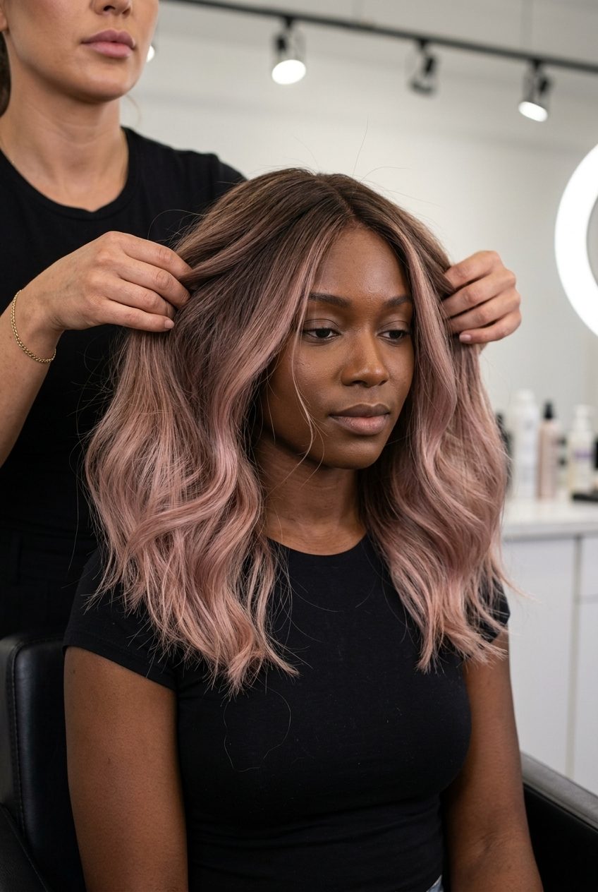 Rosewood Blonde Ombré 2026 long ombré strawberry blonde hair color with muted rose, neutral brown base, sophisticated blend — chic professional style