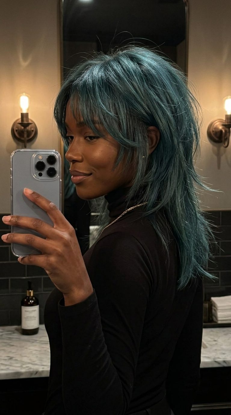 medium muted teal wolf cut with smoky blue-green, razored layers, choppy fringe — artistic statement