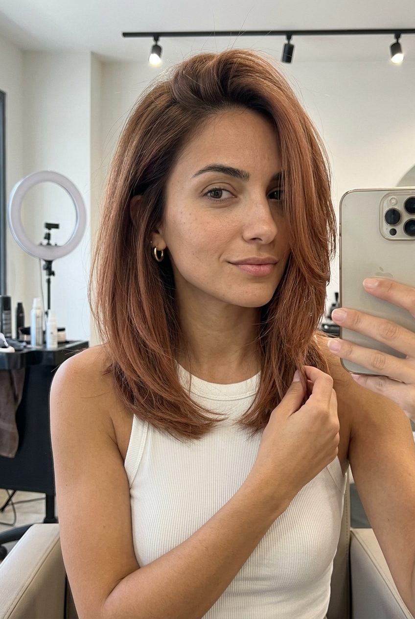 long balayage with muted terracotta copper, lived-in balayage technique, no fringe — relaxed bohemian festival look