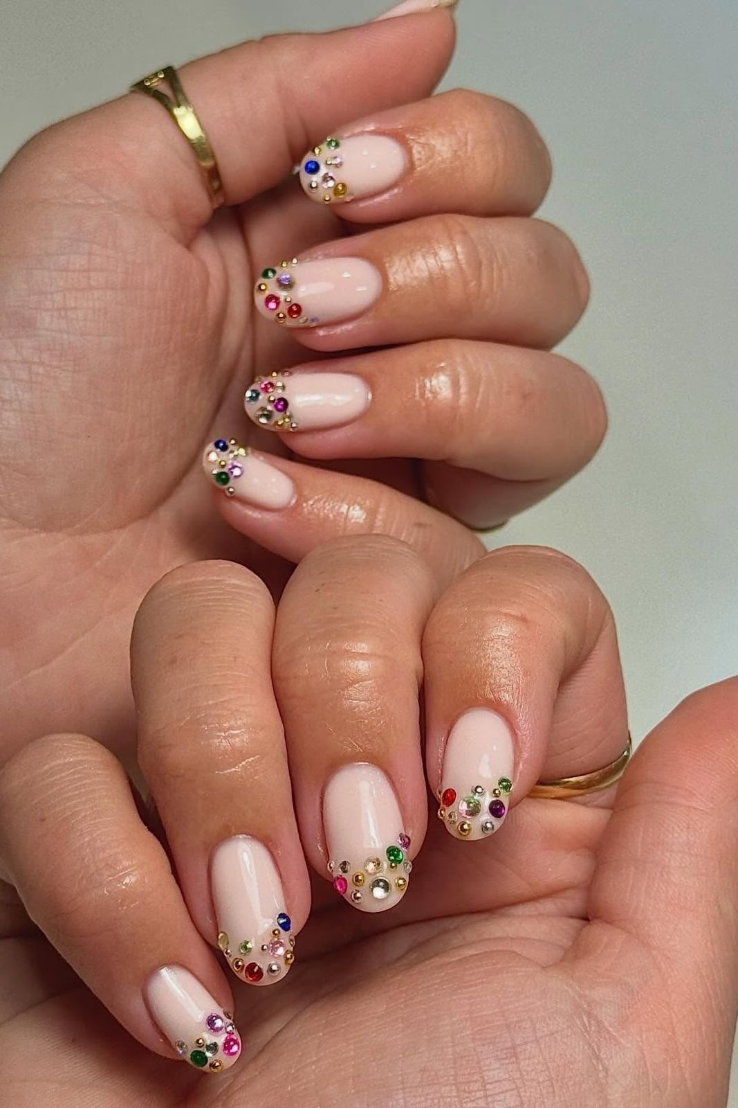 Short Oval Sheer Pink Multicolor Rhinestone Accents — Nail Art Ideas