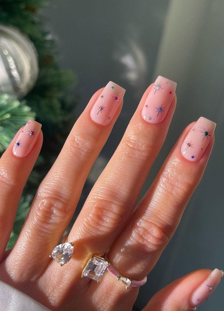 Short Square Pink Base Star Decals With Rhinestones — Nail Art Ideas