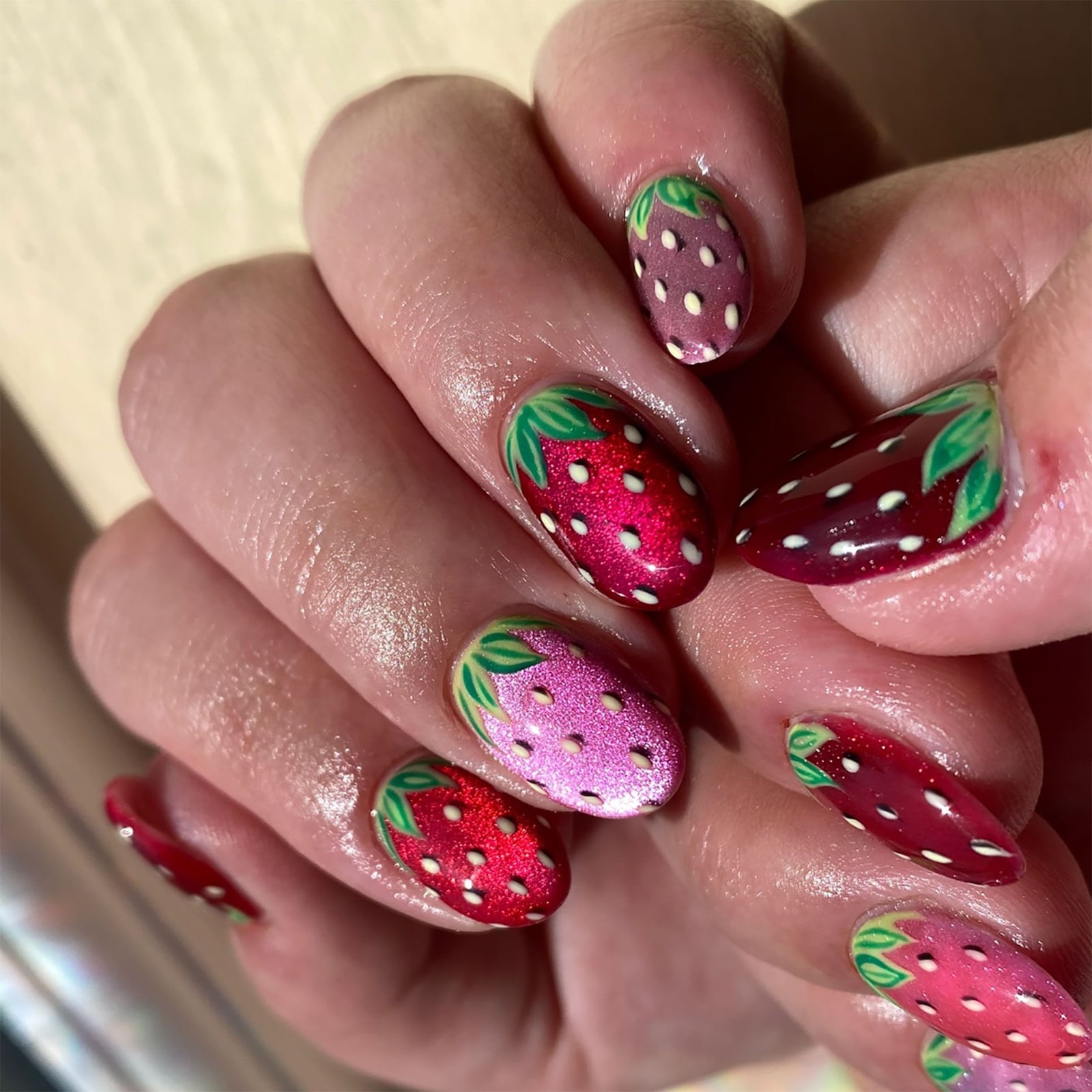 Short Almond Shimmer Glossy Strawberry Art — Nail Art Ideas