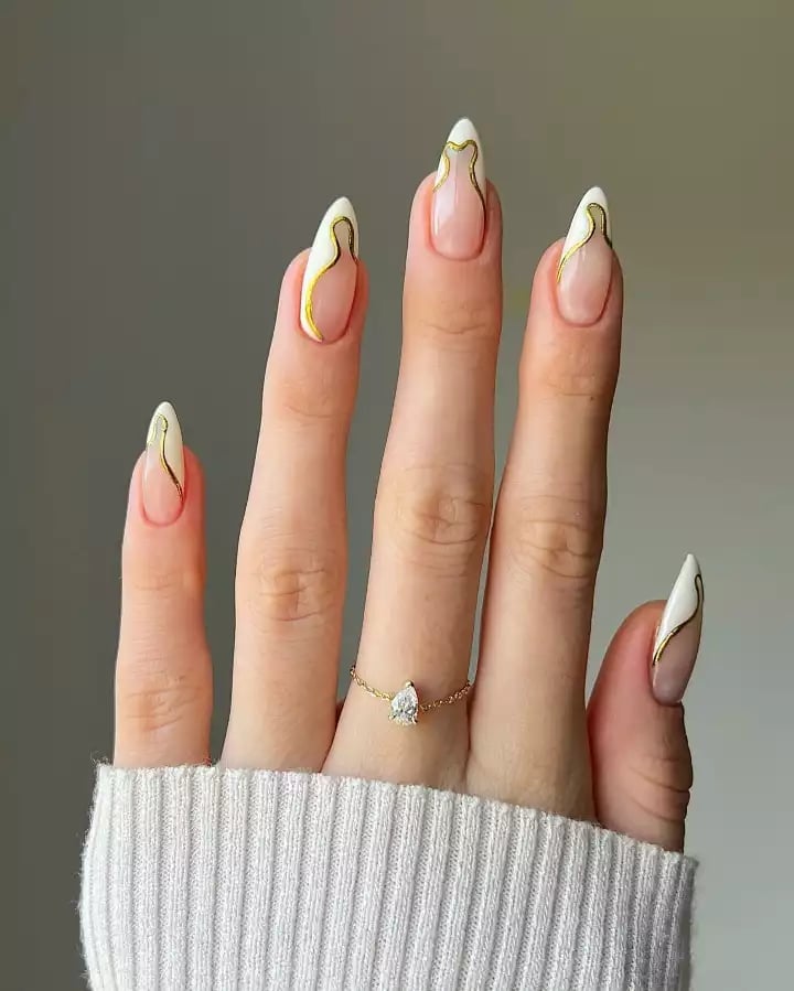Sheer Nude White French Stiletto With Gold Lines — Nail Art Ideas