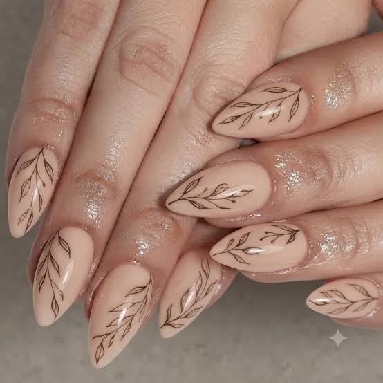 Long Stiletto Sheer Nude With Black Branch Lines — Nail Art Ideas