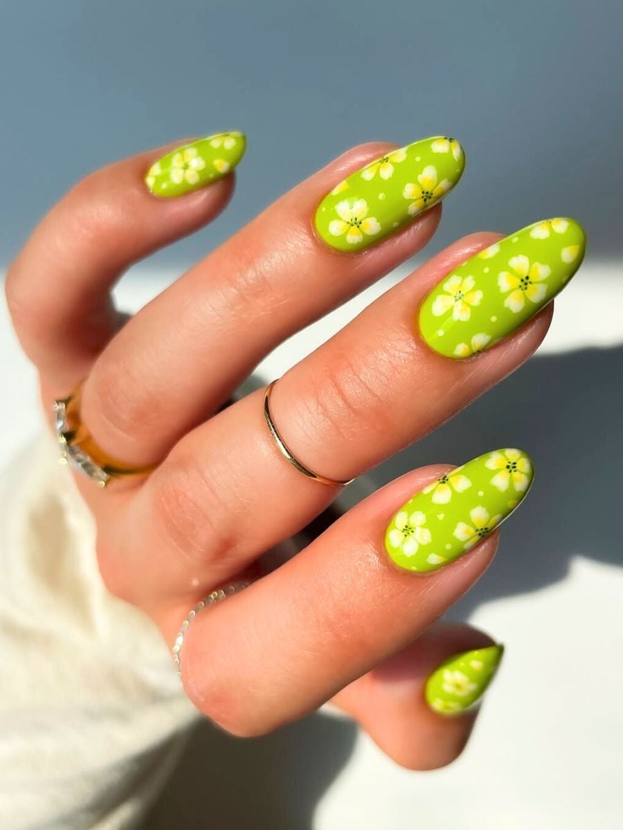 Medium Oval Lime Green With White Yellow Flowers — Nail Art Ideas