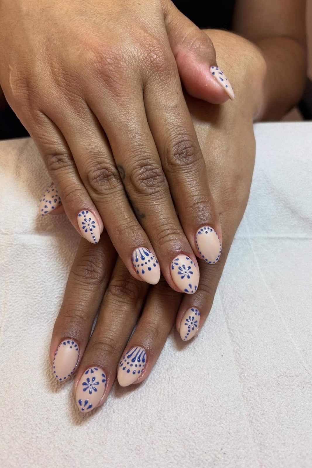 Short Almond Nude Blue Floral Dot Patterns — Nail Art Ideas