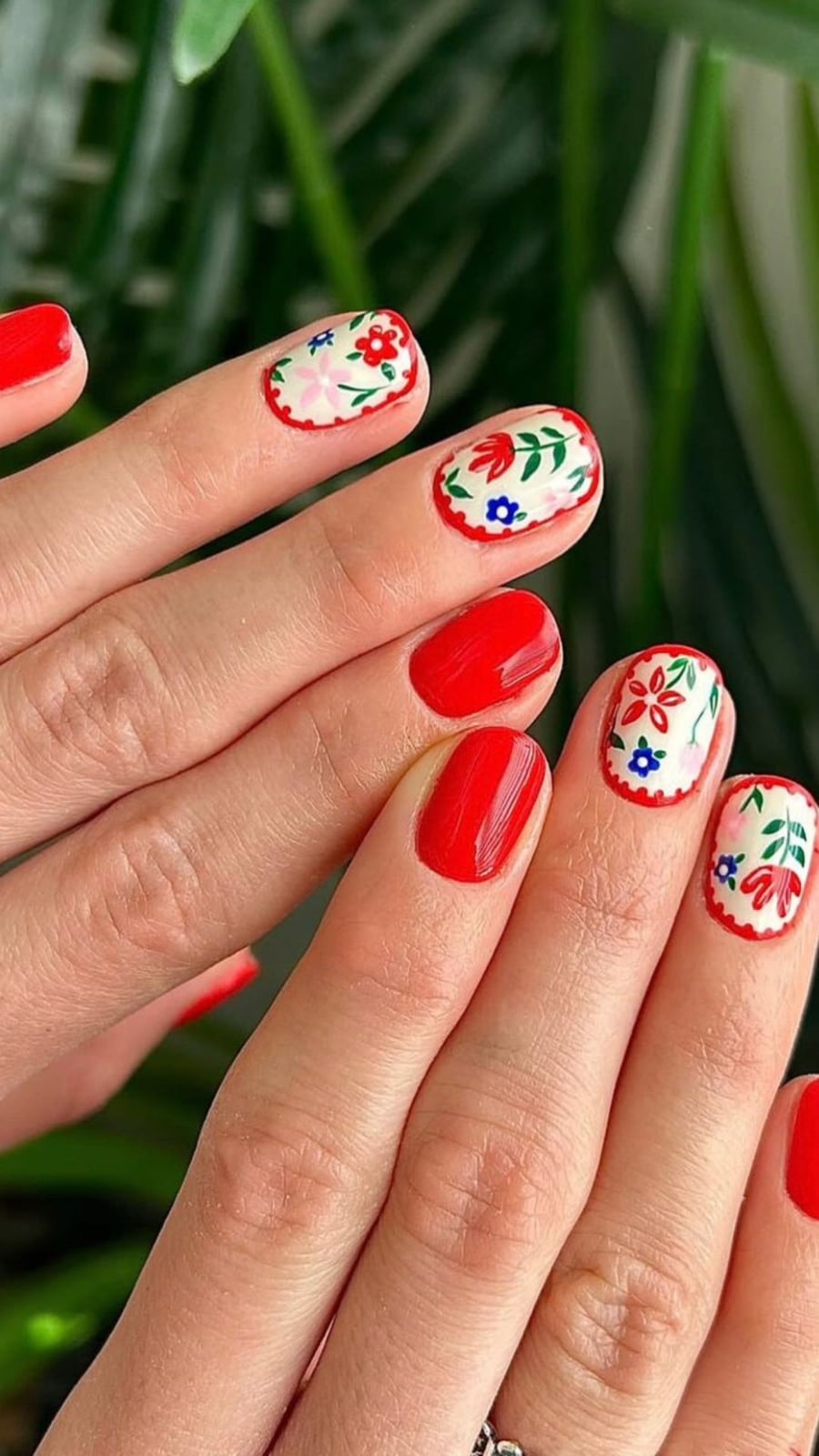 Short Square Red With White Blue Green Folk Art — Nail Art Ideas