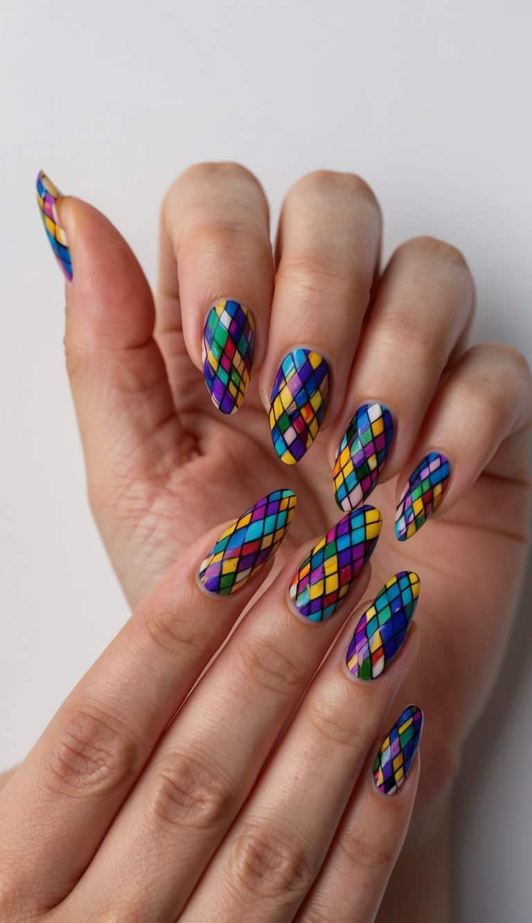 Medium Almond Multicolored Stained Glass Geometric Pattern — Nail Art Ideas
