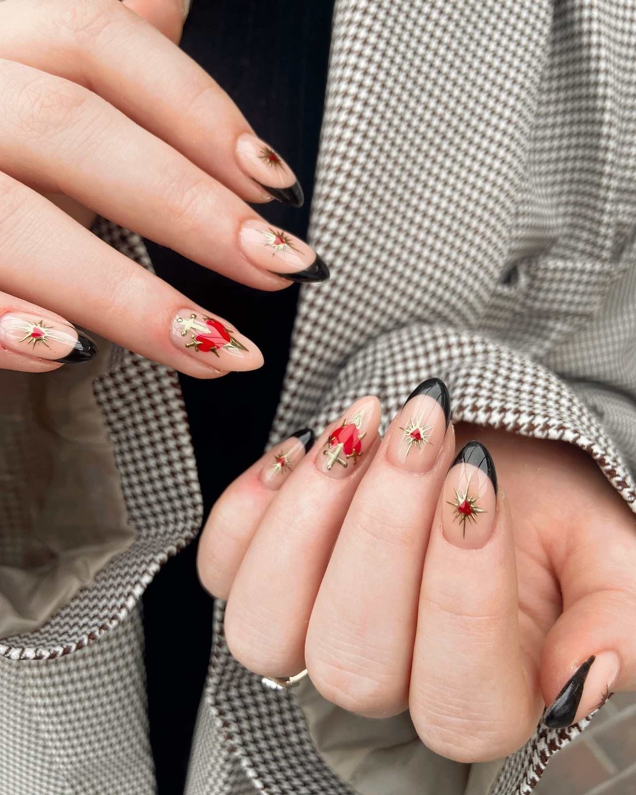 Medium Almond Nude With Black French Red Flowers — Nail Art Ideas