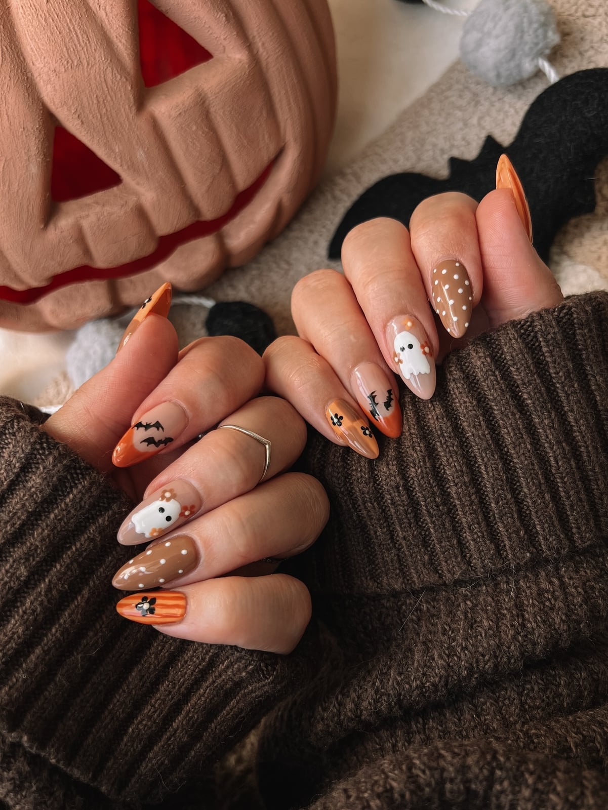 Halloween Almond Themed Ghost Bat Pumpkin Designs — Nail Art Ideas