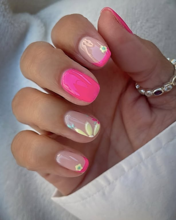 Neon Pink Square Nails With Floral Accents Neon Pink Square Nails With Floral Accents — Nails Easy Ideas