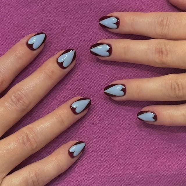 Dark Red Short Almond Nails With Blue Hearts Dark Red Short Almond Nails With Blue Hearts — Nails Easy Ideas