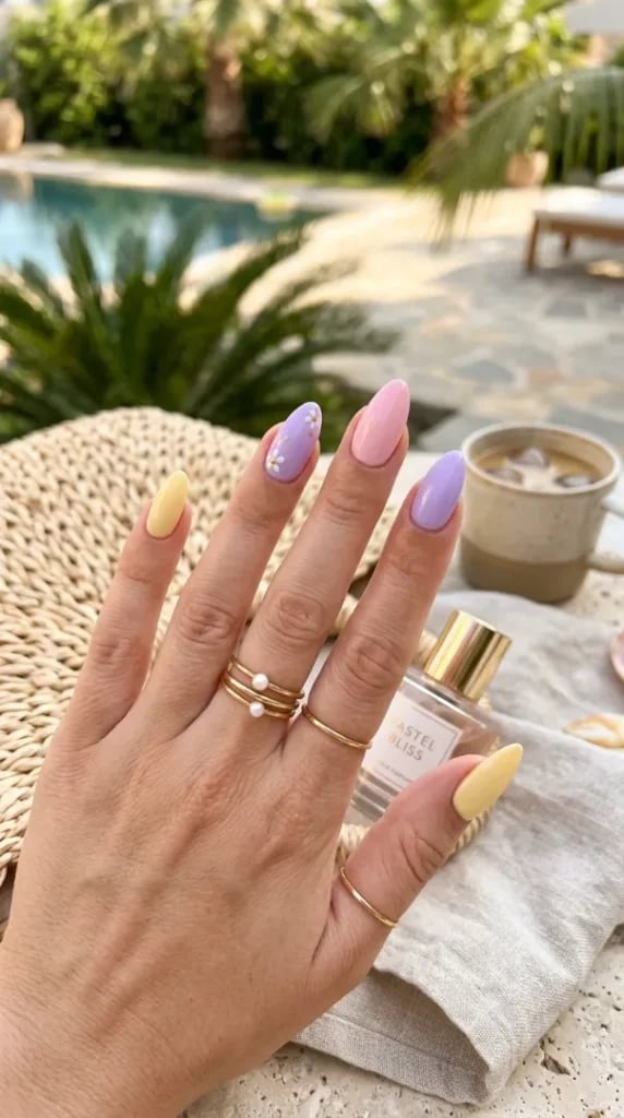 Pastel Color Block Oval Nails With Flower Pastel Color Block Oval Nails With Flower — Nails Easy Ideas