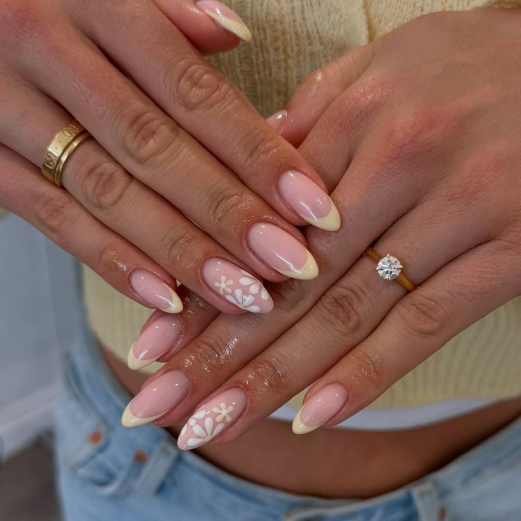 Floral Pale Yellow French Tip Almond Nails Floral Pale Yellow French Tip Almond Nails — Nails Easy Ideas