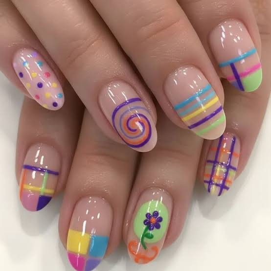 Playful Mixed Pattern Medium Almond Nails Playful Mixed Pattern Medium Almond Nails — Nails Easy Ideas