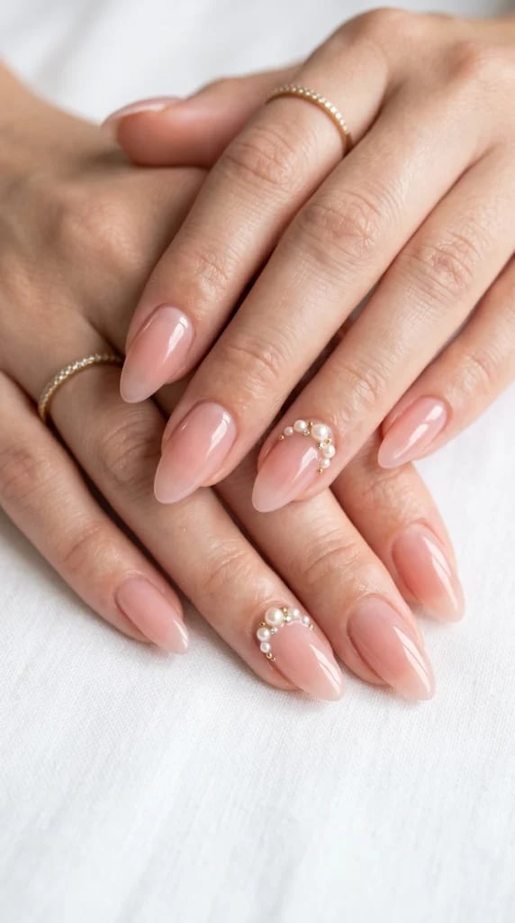 Pearl and Gold Bead Accented Short Almond Nails Pearl and Gold Bead Accented Short Almond Nails — Nails Easy Ideas