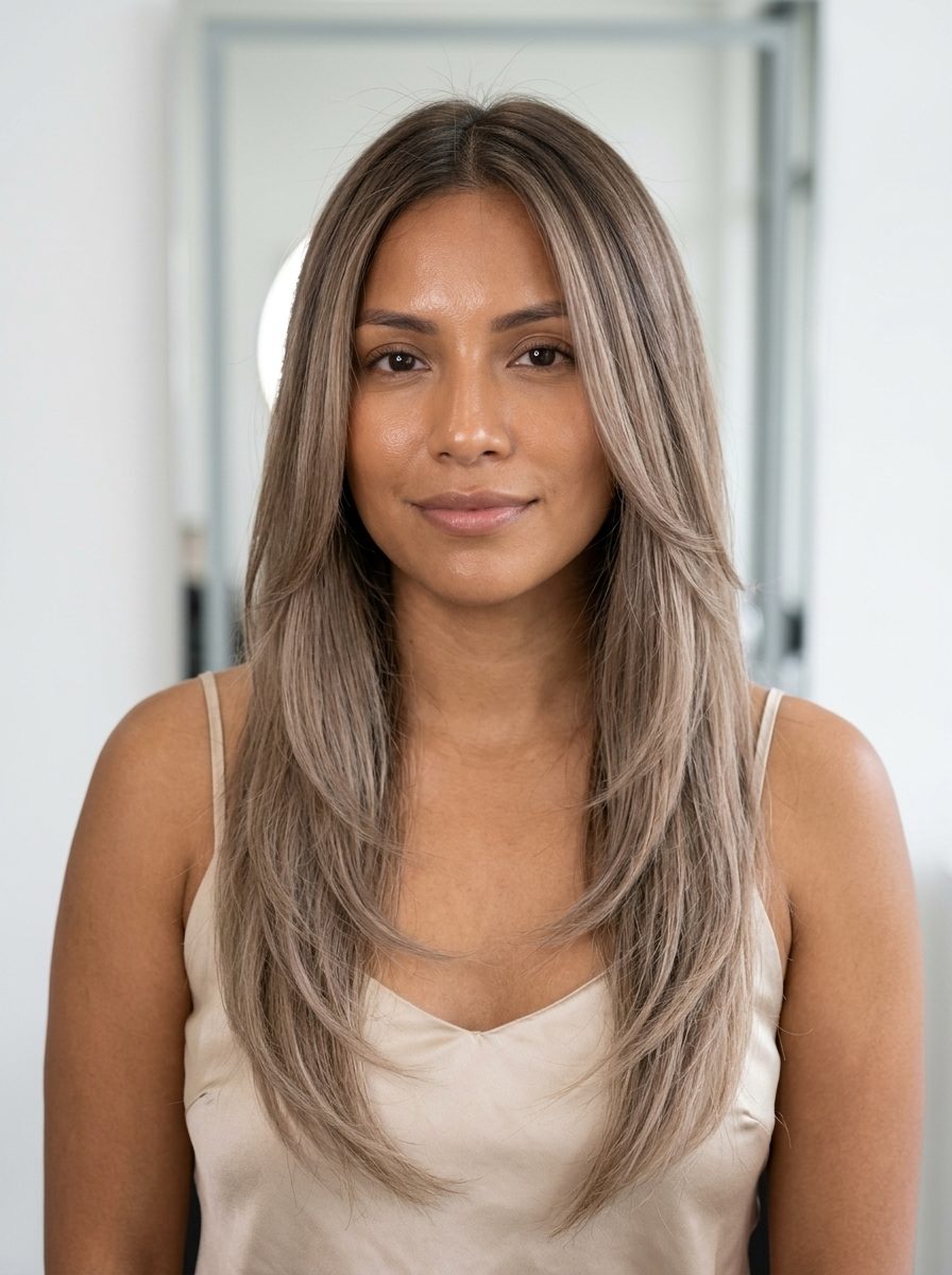 long layered hair with natural ash brown to sandy beige-ash sombré, soft face-framing — natural