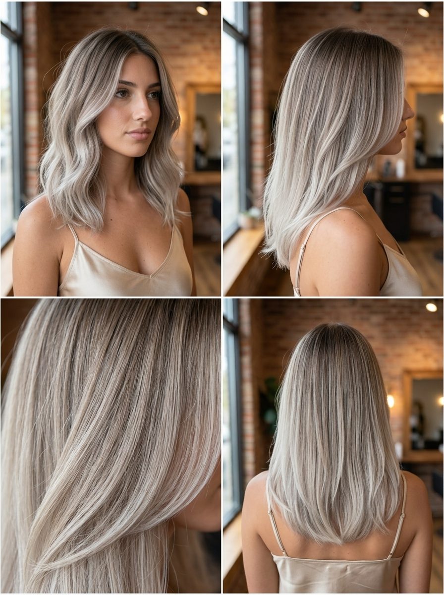 Modern Minimal Misty Ash Blonde Ombré long ash blonde hair color with natural ash brown base and misty ash blonde ends, ombré, no fringe — modern minimal