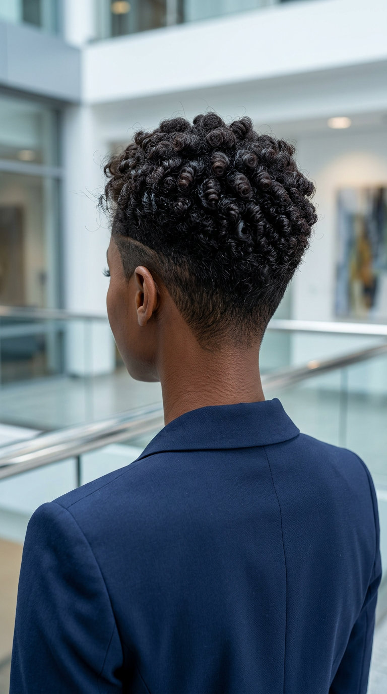 Modern Minimalist Pixie: Black Hair 2026 very short natural black-brown pixie haircut with tapered sides and natural coils for summer