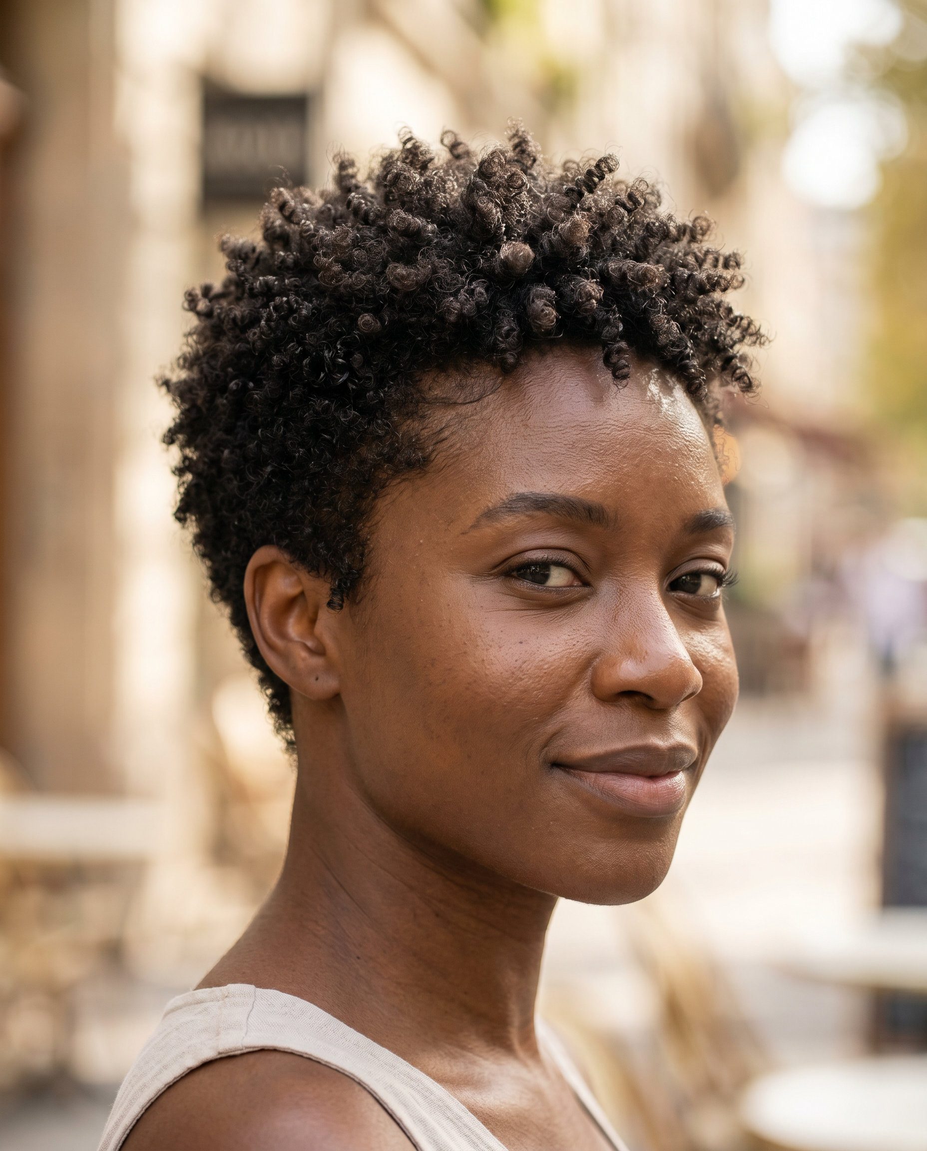 very short pixie haircut for coily hair in natural black, layered coils — playful natural confidence