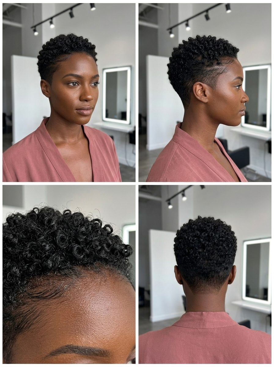 Sculpted Coily Crop 2026 very short coily pixie haircut with natural black, tapered sides — bold natural sculpted wear