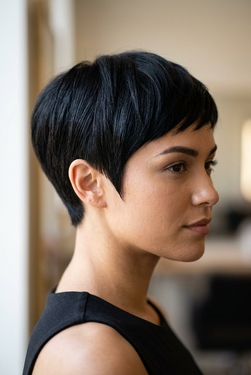 Ink Sculpted Pixie Haircut 2026 very short pixie haircut with natural black, high-gloss finish, sculpted side-swept fringe — sophisticated, sharp, modern