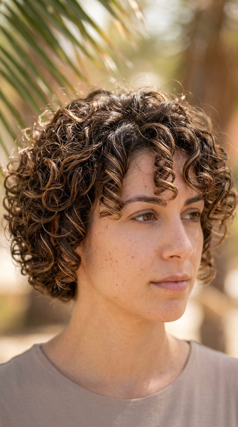 short natural brown crop with caramel highlights, defined curls — soft, natural