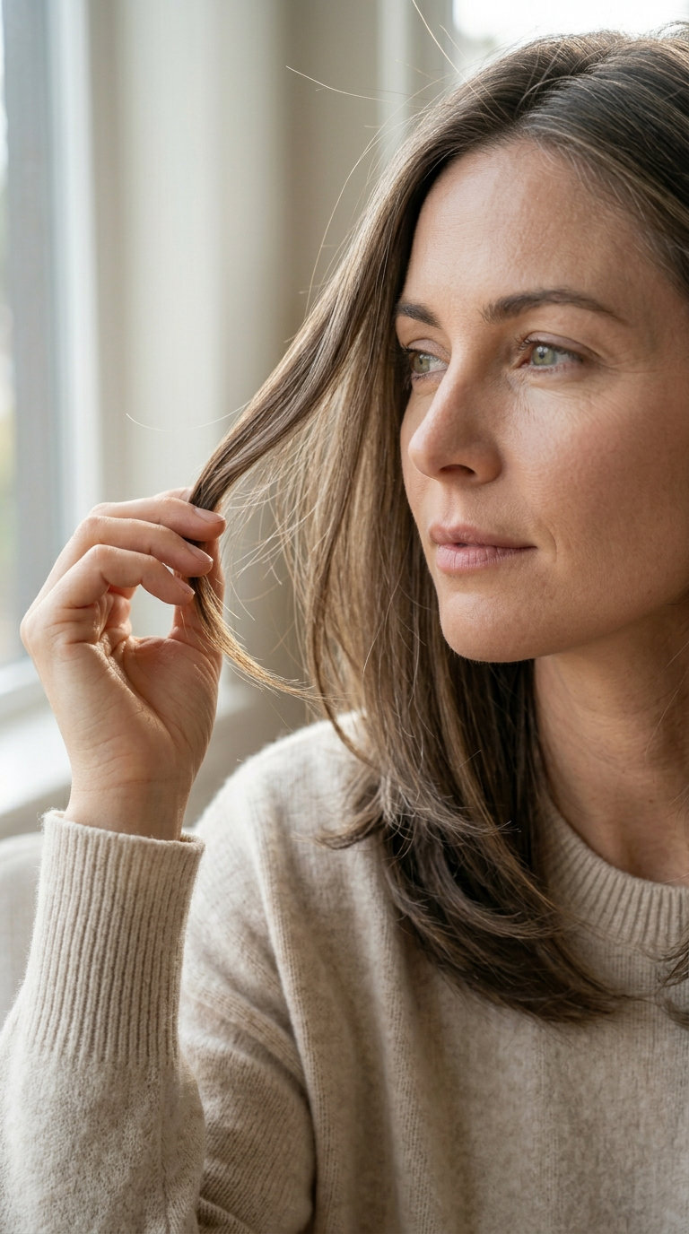 medium collarbone-grazing haircut with natural brunette, invisible layers, long face-framing pieces, no bangs — relaxed daily wear