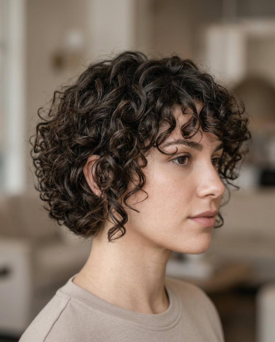 short curly bixie with natural brunette color, soft texture, for daily wear
