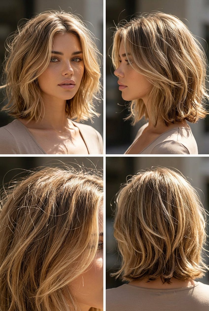 short french bob with natural brunette color, voluminous texture, for casual weekends
