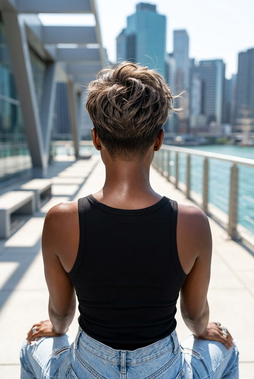 short natural brunette crop with piecey textured top for modern edgy looks