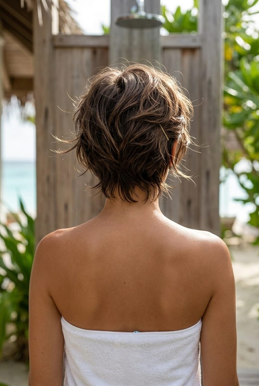 short natural brunette textured pixie with piecey definition, tousled texture, playful edgy