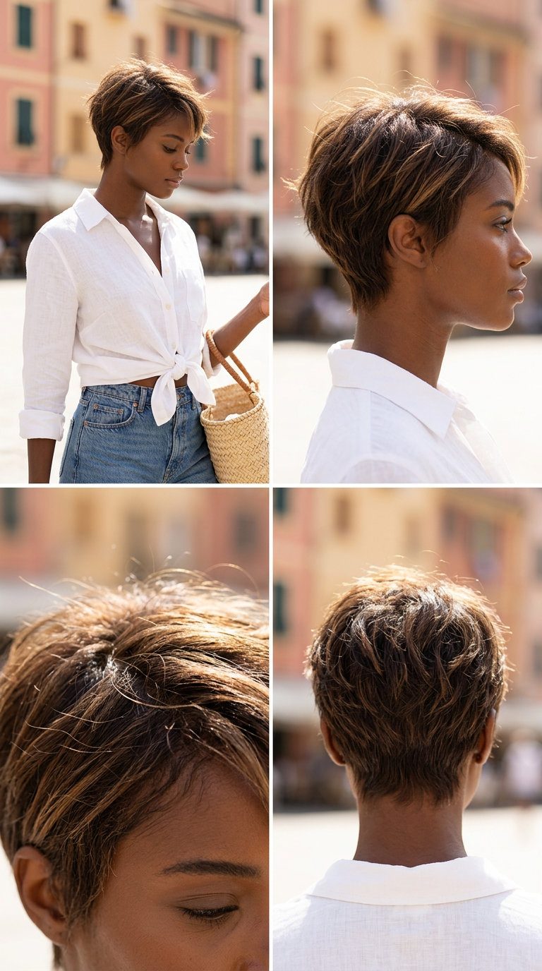 short french pixie with natural brunette color, tousled texture, for casual outings