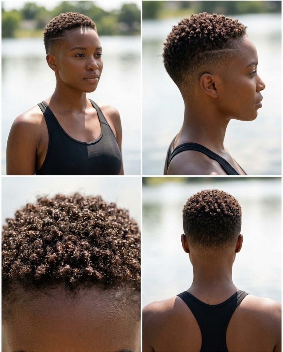 Natural Texture Buzz Cut: Edgy Style 2026 very short buzz cut with natural dark brown coils, skin fade for summer