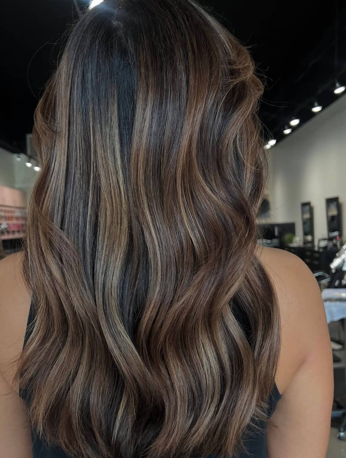 Dark Brown With Blonde Highlights, Mid-Back Dark Brown With Blonde Highlights, Mid-Back — Natural Hair Color Styles