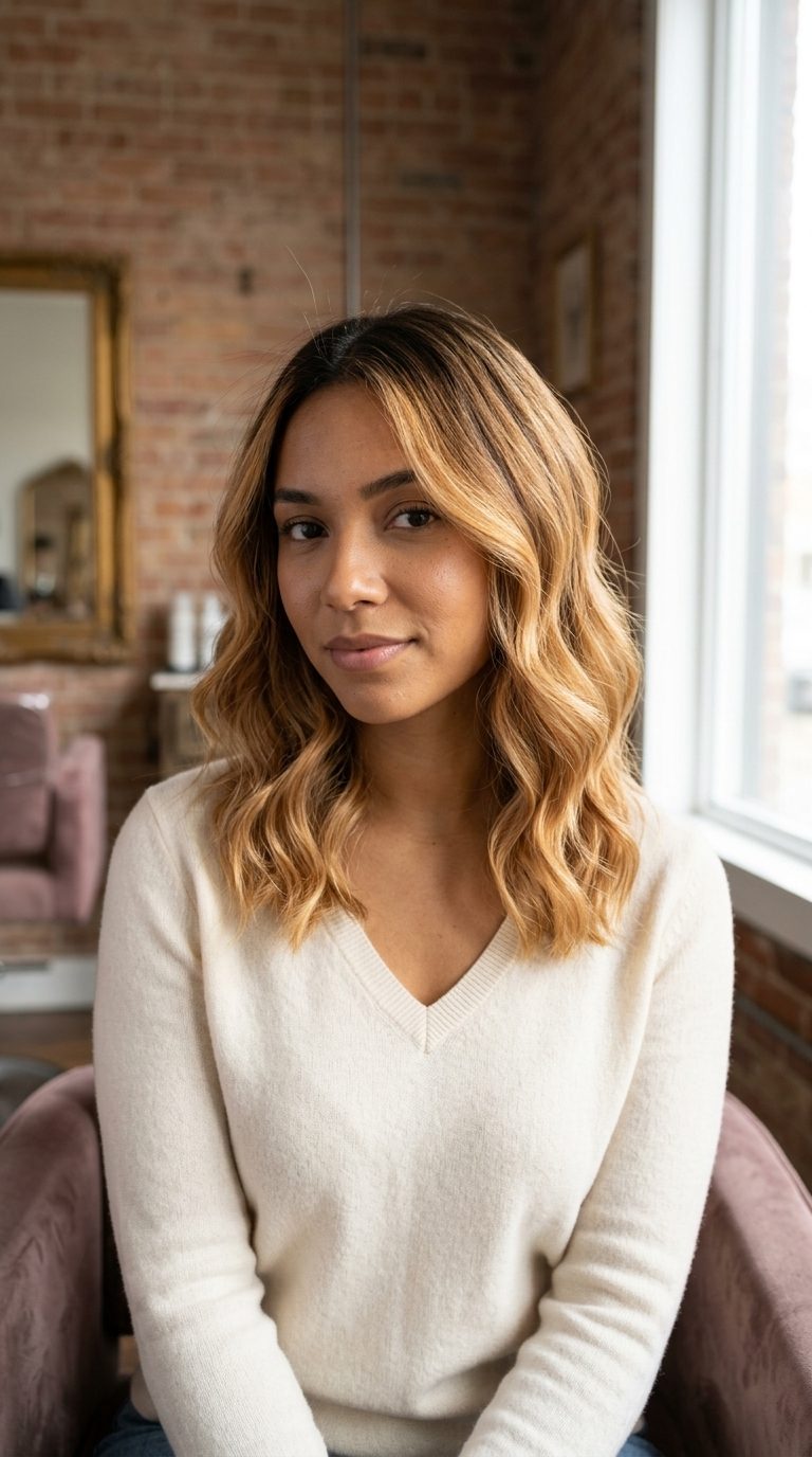 long nectar honey balayage with apricot undertones, babylights, V-cut back — playful radiant boho festival hair