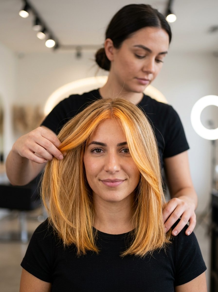 long nectar honey money piece with golden-apricot, foil placement, face-framing — vibrant energetic summer party hair