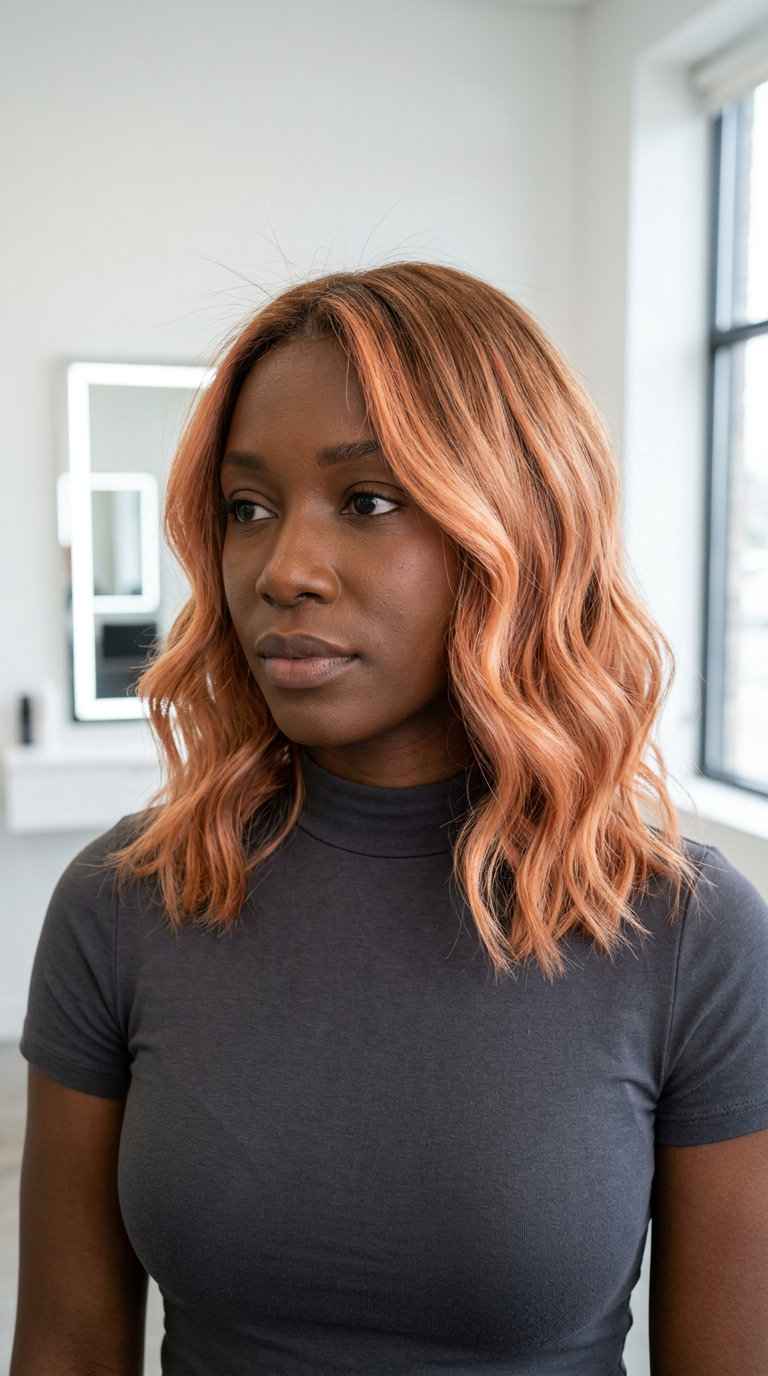 long balayage with nectarine peach and golden apricot, wet balayage technique, no fringe — ethereal beach vacation look