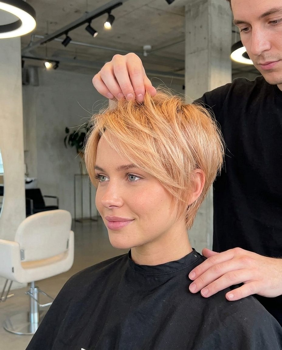 Avant-Garde Nectarine Sand Pixie 2026 short sculpted pixie with nectarine sand blonde, peach-apricot glaze, tapered sides — edgy
