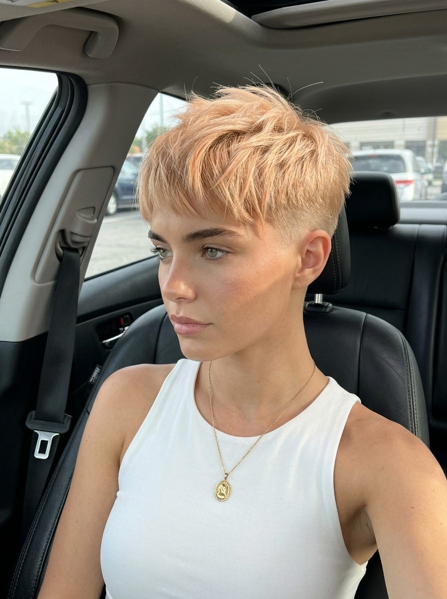 Nectarine Sand Pixie 2026: Sharp Fade short nectarine sand blonde pixie cut with sharp fade and spiky top