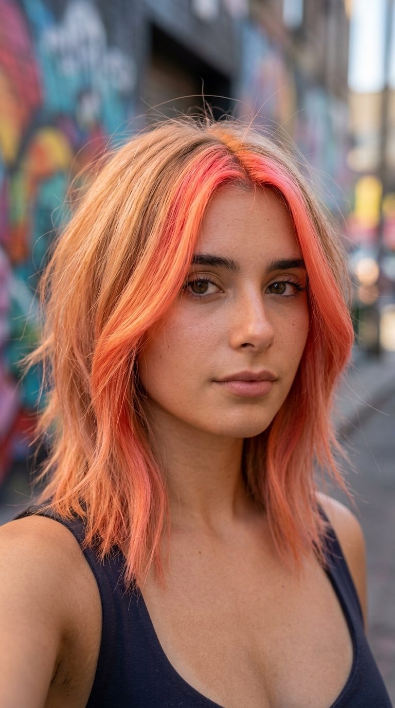 short strawberry blonde hair color with neon pop, contrasting dark blonde base — edgy bold style