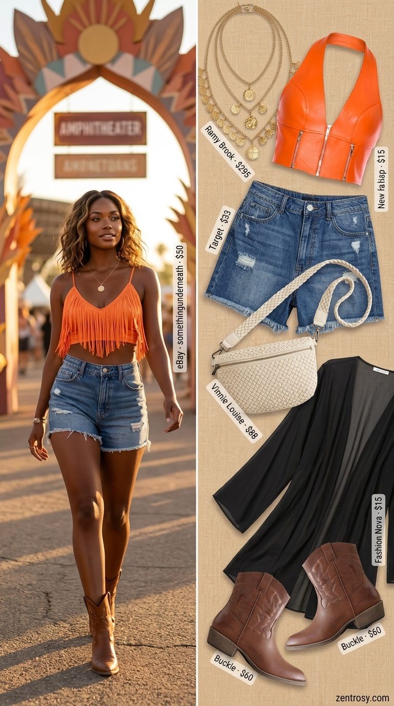 Neon summer rave outfit for women 2026: Fringe top, denim shorts, sheer kimono, ankle boots, layered necklaces.