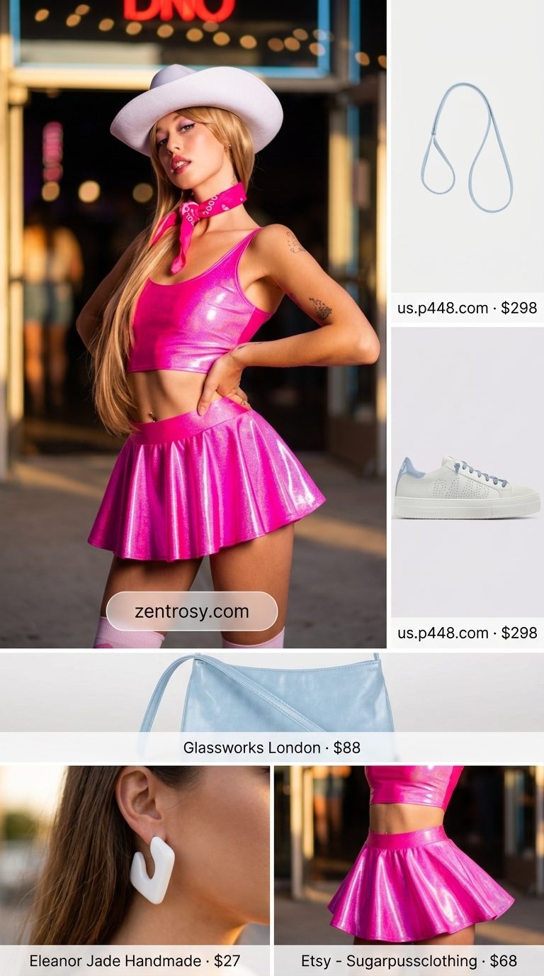 Neon summer rave outfit for women 2026: Fuchsia crop top & skirt set, white denim jacket, baby blue bag, platform sneakers.