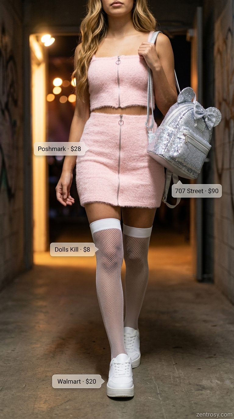 Pastel neon pink fluffy crop top and skirt with white stockings for a neon summer rave outfit for women 2026.