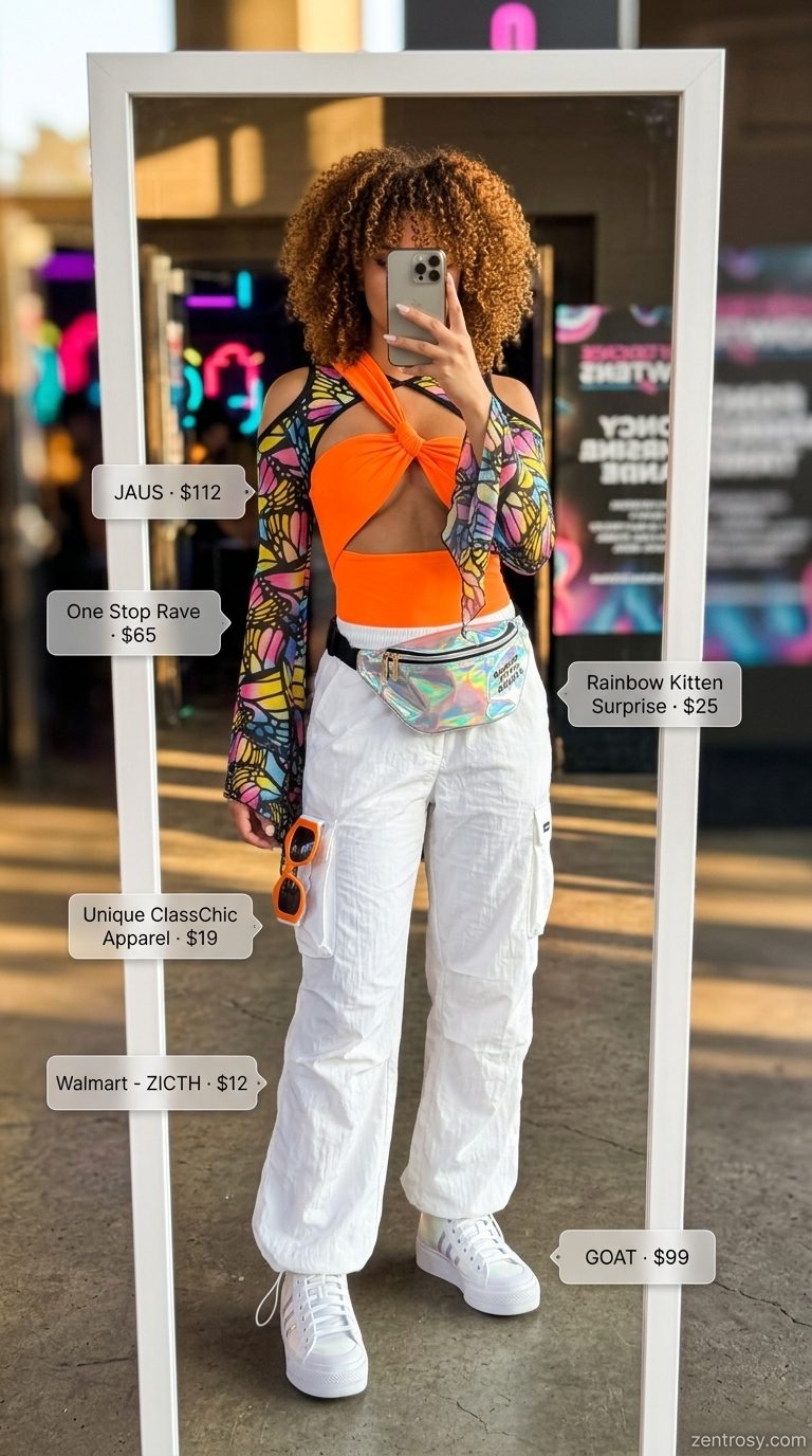 Neon summer rave outfit for women 2026: Cut-out bodysuit, white cargo pants, iridescent fanny pack, chunky sneakers.