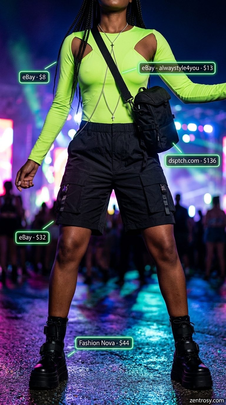 Edgy neon green bodysuit, black cargo shorts, and silver harness for a neon summer rave outfit for women 2026.